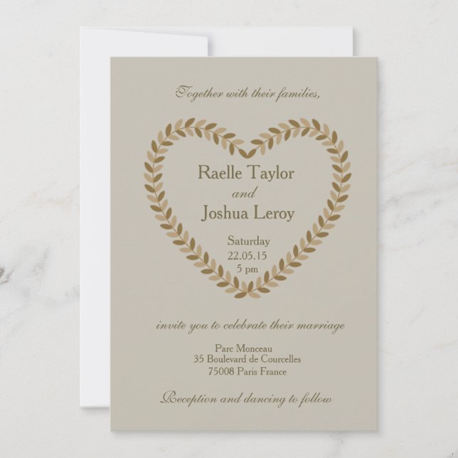 Invitation Russe feuille coeur taupe mariage de automne invit (Devant)