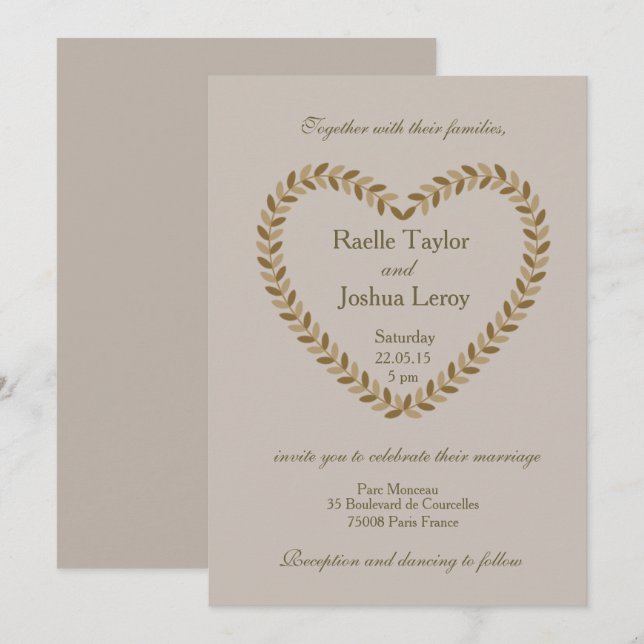 Invitation Russe feuille coeur taupe mariage de automne invit (Devant / Derrière)