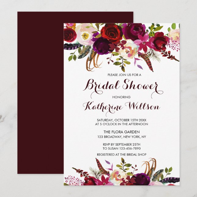 Invitation Russe Floral Bourgogne Marsala Fête des mariées au (Devant / Derrière)