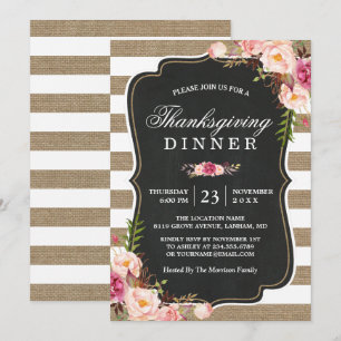 Invitation Russe Floral Burlap Stripes Thanksgiving Dîner