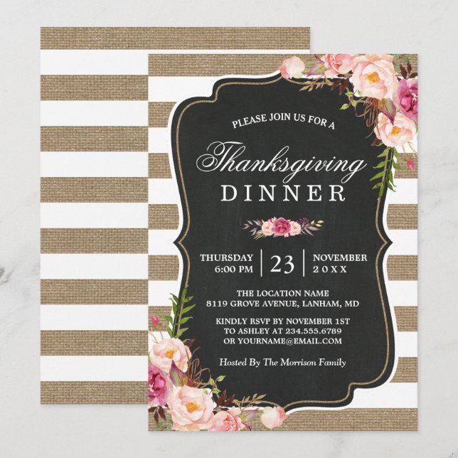 Invitation Russe Floral Burlap Stripes Thanksgiving Dîner (Devant / Derrière)