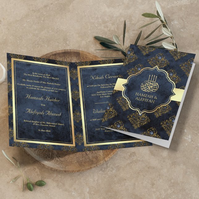 Invitation Russe Gold Navy Blue Damask Mariage musulman (Créateur téléchargé)