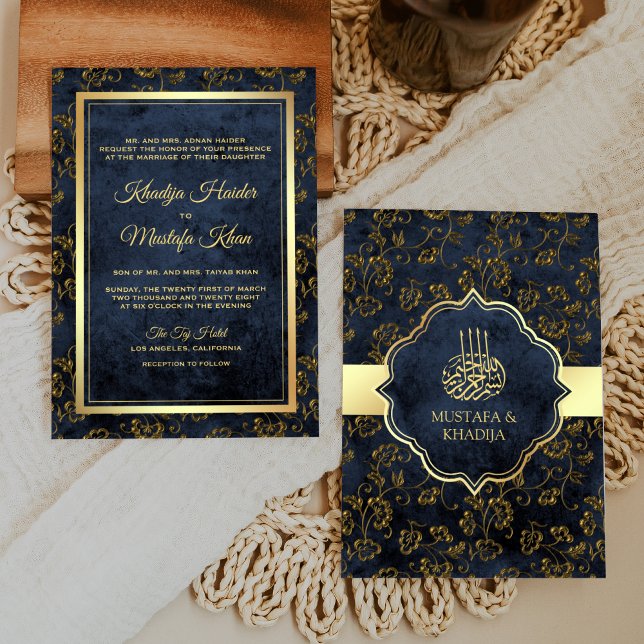 Invitation Russe Gold Navy Blue Filigree Mariage musulman (Créateur téléchargé)