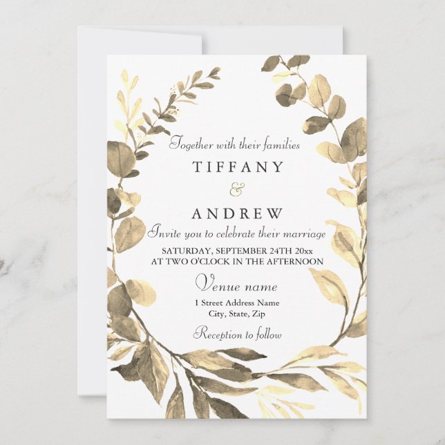 Invitation Russe Golden Leaf Wreath Mariage moderne (Devant)