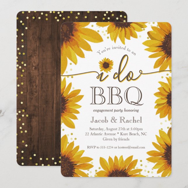 Invitation Russe I DO BBQ Sunflower & Gold Engagement Party (Devant / Derrière)