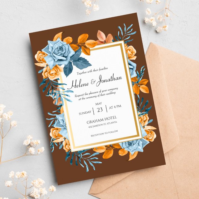 Invitation Russe Indigo rouille Floral Chic Moderne Boho Mari (Créateur téléchargé)