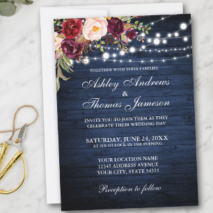 Invitation Russe Mariage Bourgogne Floral Bleu Lumières en Bo