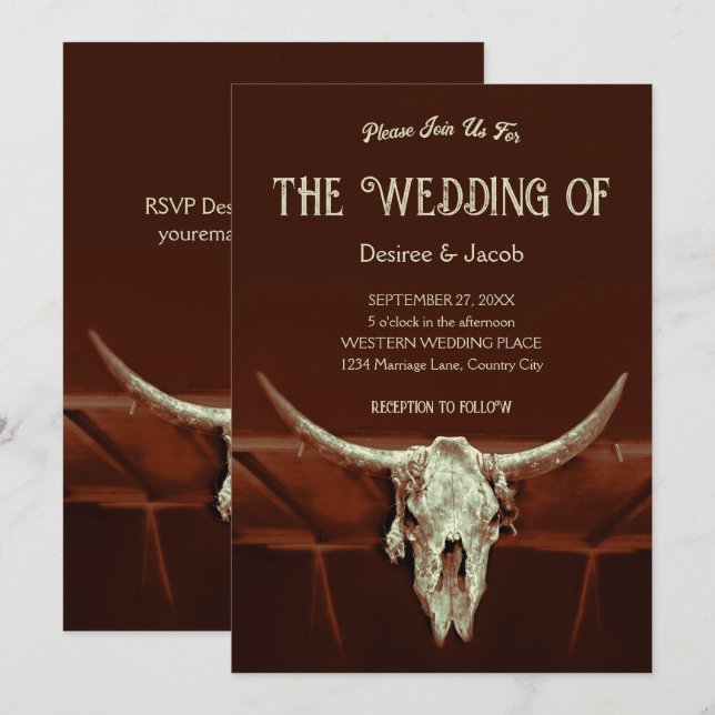 Invitation Russe Mariage Brown Western Bull Skull Pays (Devant / Derrière)