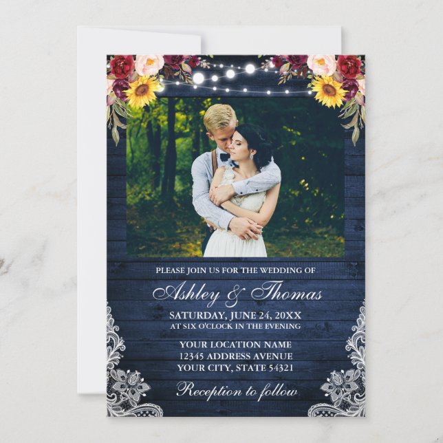 Invitation Russe Mariage Floral Bleu Bois Lumières Dentelle P (Devant)