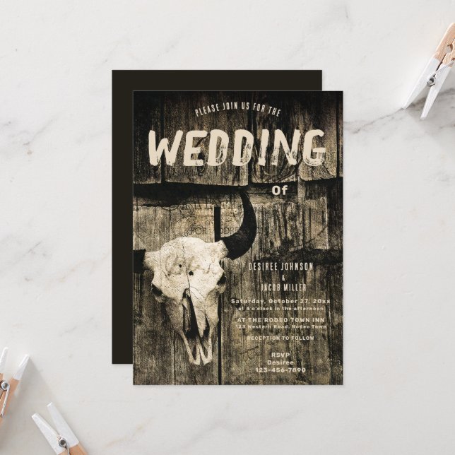 Invitation Russe Mariage Western Rodeo Sepia Bull Skull (Devant/Arrière en situation)
