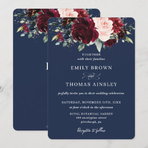 Invitation Russe Marine Bleu Blush Bourgogne Floral Mariage