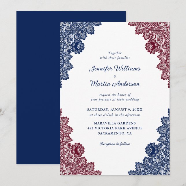 Invitation Russe Marine bleu et Bourgogne Floral Mariage dent (Devant / Derrière)