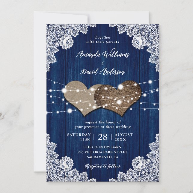 Invitation Russe Marine Bleu Mariage de dentelle Burlap (Devant)