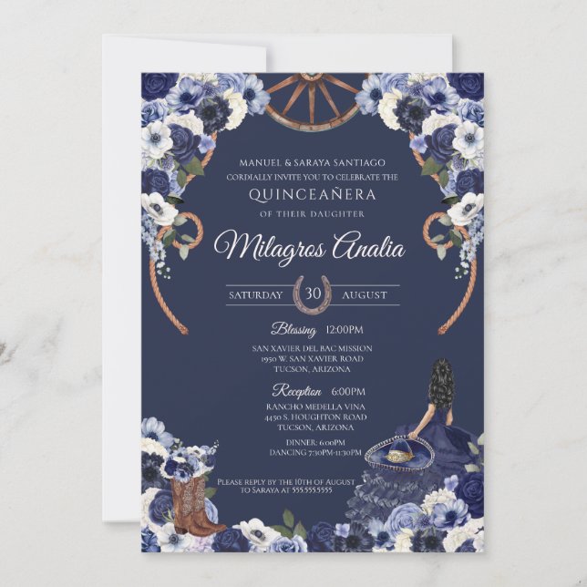 Invitation Russe Marine Bleu Ouest Charro Quinceanera (Devant)