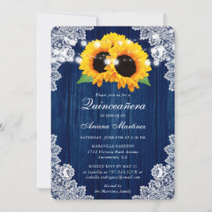 Invitation Russe Marine Bleu Tournesol Dentelle en Bois Quinc