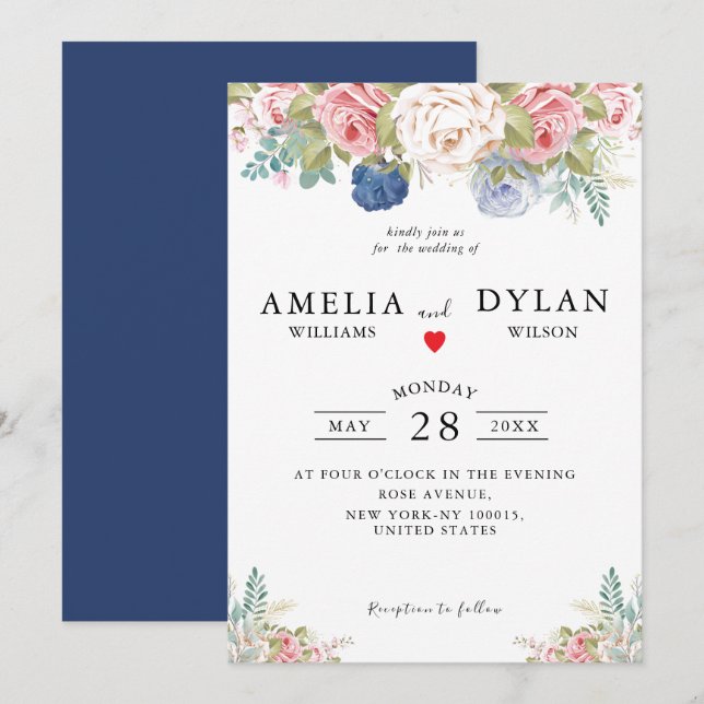Invitation Russe Marine Blush rose Floral Mariage moderne (Devant / Derrière)