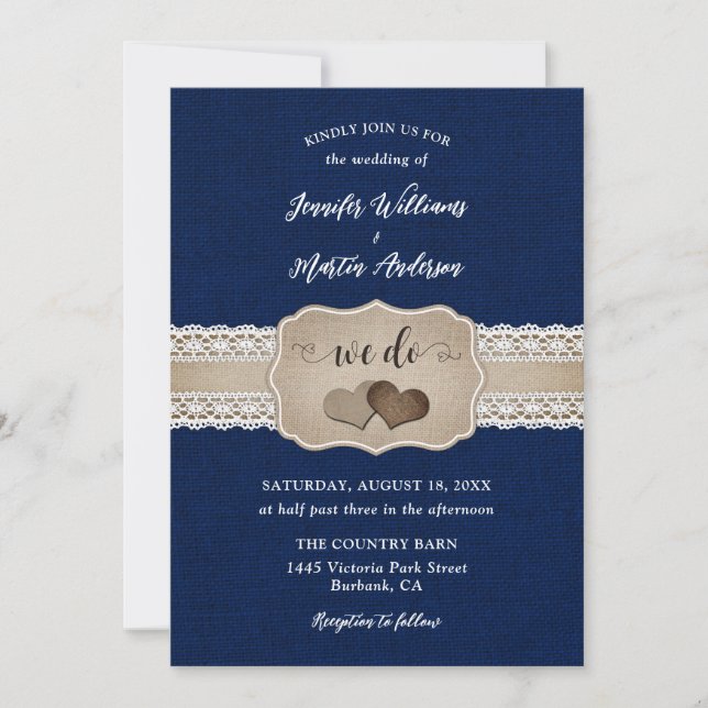 Invitation Russe Navy Blue Burlap et Mariage de dentelle (Devant)