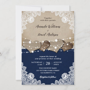 Invitation Russe Navy Blue Burlap Mariage dentelle