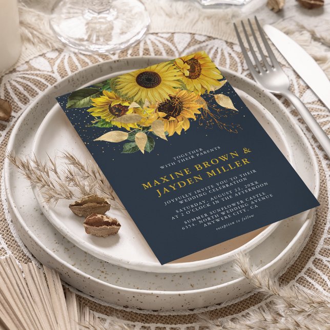 Invitation Russe Navy Blue Sunflower & Gold Confetti Mariage (Créateur téléchargé)