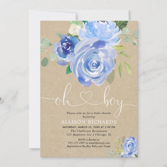Invitation Russe Oh Boy baby shower floral kraft bleu (Devant)