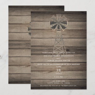 Invitation Russe Patiné Wood Country Mariage de moulin à vent