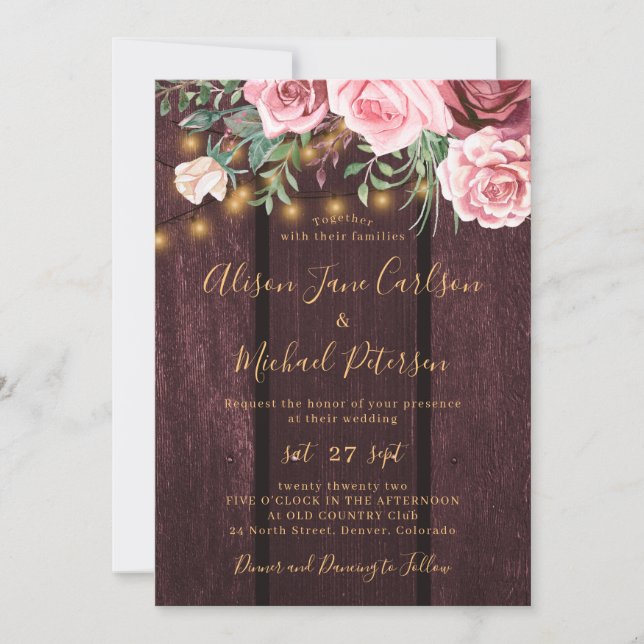 Invitation Russe pays fleurie or bordeaux mariage (Devant)