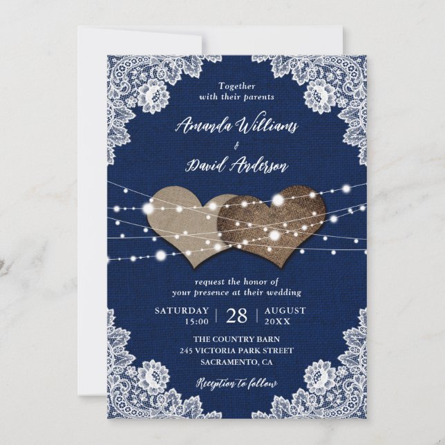 Invitation Russe Pays Marine Bleu Burlap Mariage dentelle (Devant)