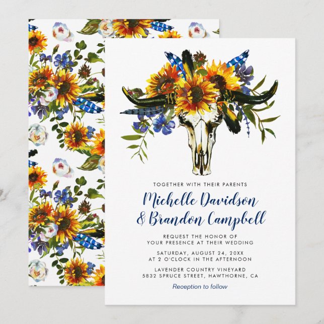 Invitation Russe Pays Marine Bleu Tournesol Mariage Boho (Devant / Derrière)