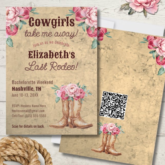 Invitation Russe Pink Cowgirl Bachelorette Party avec code QR (Créateur téléchargé)