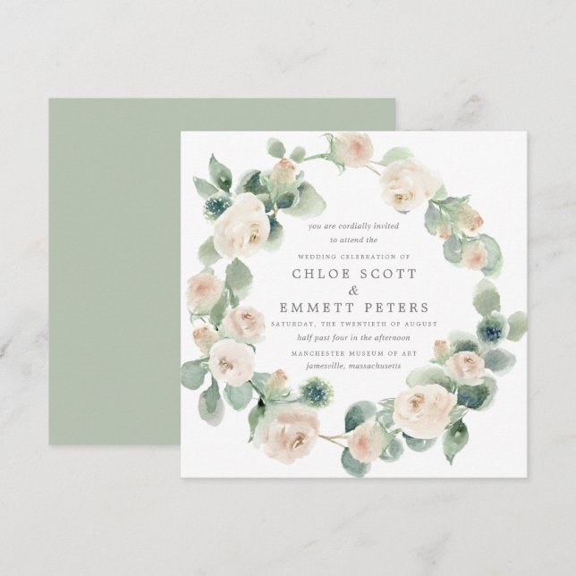 Invitation Russe Rose blanche Floral Eucalyptus Mariage (Devant / Derrière)