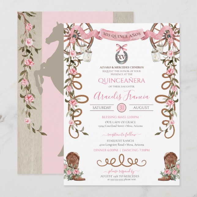 Invitation Russe rose Boho Ouest Charra Thème Quinceanera (Devant / Derrière)