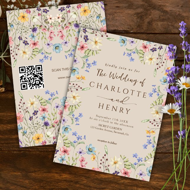 Invitation Russe Simple Fleur sauvage Beige QR Code Mariage (Créateur téléchargé)