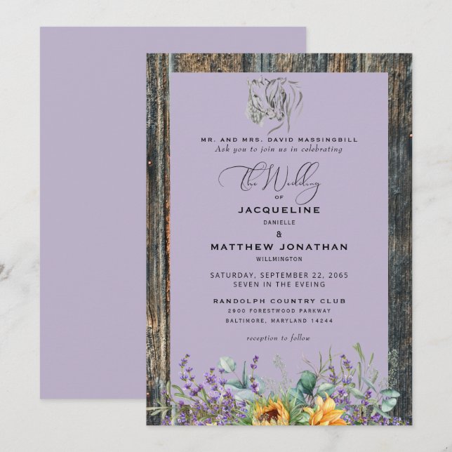 Invitation Russe Sunflower Chevaux Lavande Mariage Invitati (Devant / Derrière)