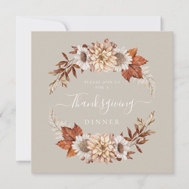 Invitation Russe Taupe Automne Floral Thanksgiving Dîner (Devant)