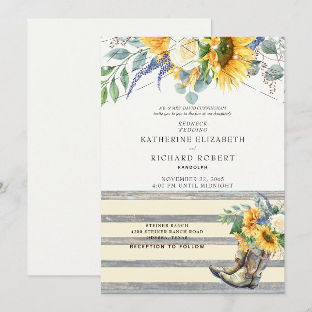 Invitation Russe Tournesol Redneck Boots & Lights Invit (Devant / Derrière)