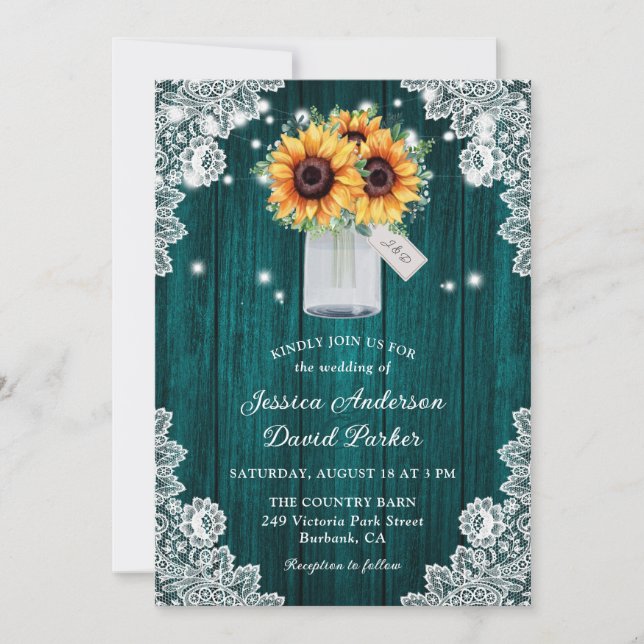 Invitation Russe Turquoise dentelle Mason Jar Mariage tournes (Devant)