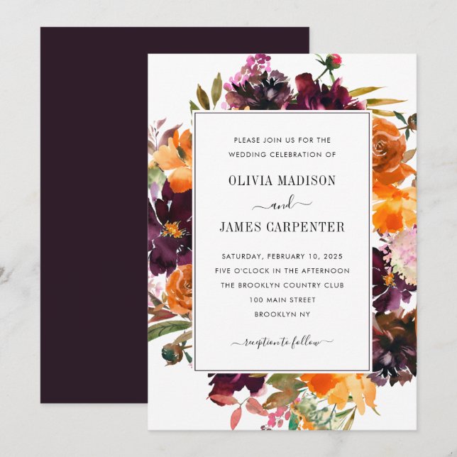 Invitation Russe violet jaune Bourgogne Mariage de automne fl (Devant / Derrière)
