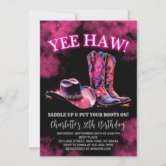 Invitation Russe Western Cowgirl fête d'anniversaire Pink Neo (Devant)