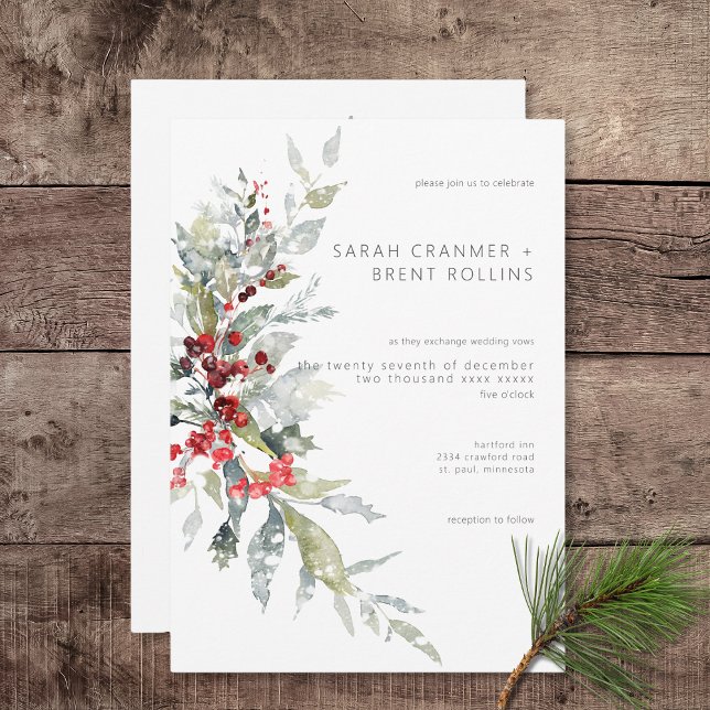 Invitation Russe Winter Holly Berries & Mariage de neige (Rustic Winter Holly Berries & Snow Wedding Invitation)