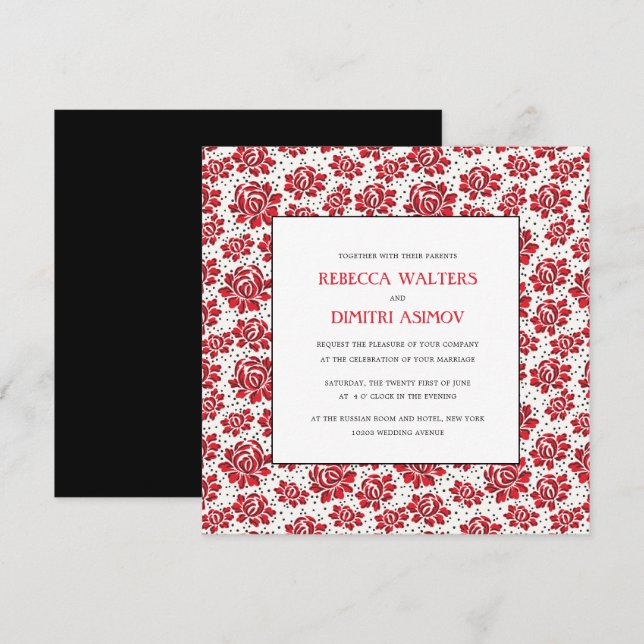 Invitation Russie Folk Art Fleurs rouges Mariage Invita (Devant / Derrière)