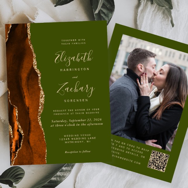 Invitation Rust Agate Olive Green Photo QR Code Mariage (Créateur téléchargé)