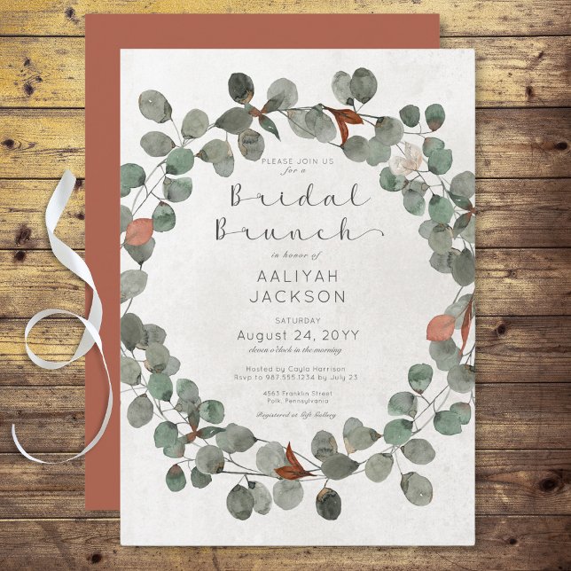 Invitation Rust & Green Eucalyptus Mariage Moderne Brunch (Rust & Green Eucalyptus Modern Bridal Brunch Invitation)