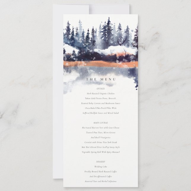 Invitation Rust Navy Winter Pine Forest Snow Mariage Menu (Devant)