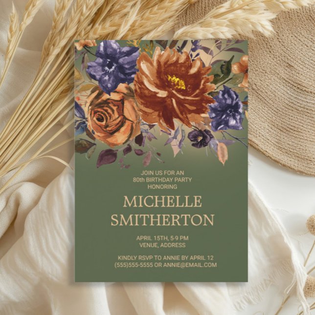 Invitation Rust Orange Bleu Floral Vert 90e Anniversaire Invi (Rust floral on olive green 80th birthday party invitation)