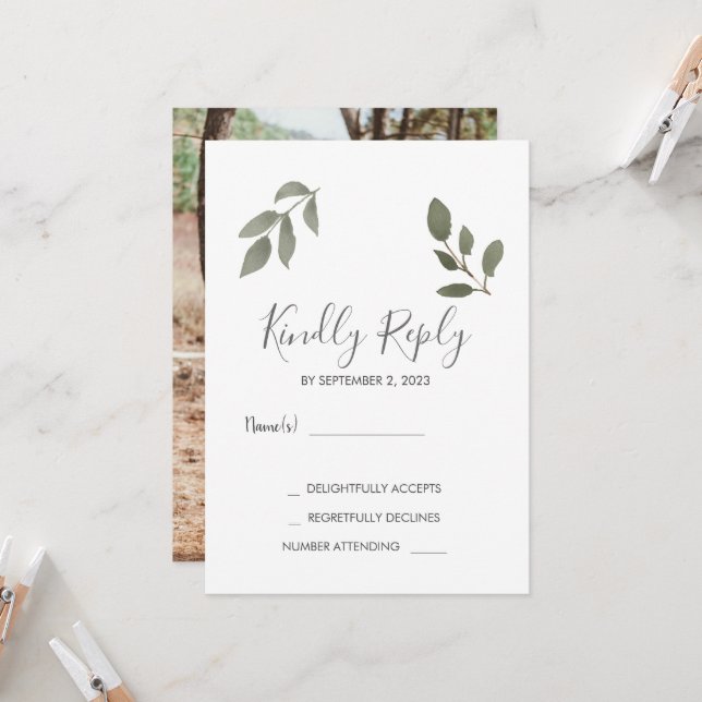 Invitation Rusti élégant botanique feuille photo Mariage RSVP (Devant/Arrière en situation)