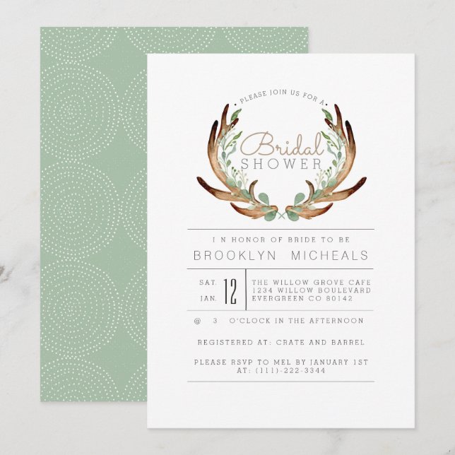 Invitation Rustic Antler et Vine Fête des mariées aquarelle (Devant / Derrière)