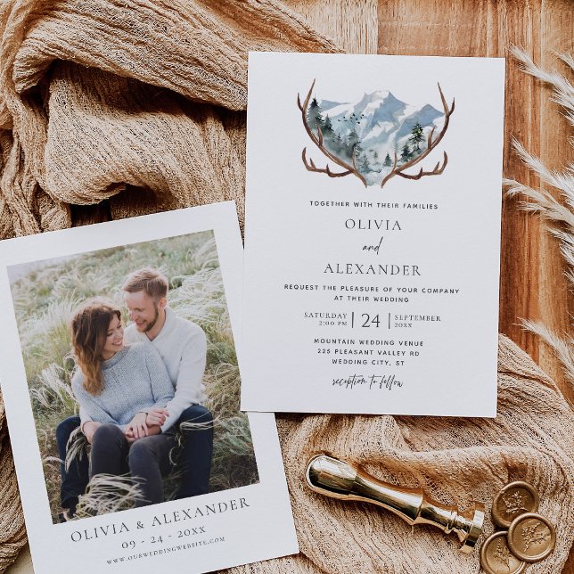 Invitation Rustic Antlers Mountain Mariage photo (Créateur téléchargé)