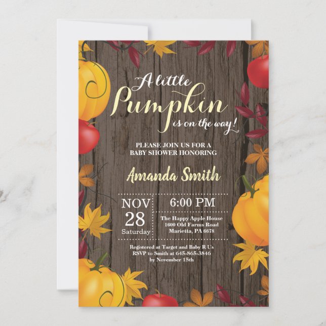 Invitation Rustic Automne Citrouille Baby shower Jaune invita (Devant)