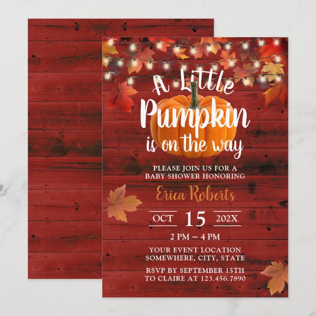 Invitation Rustic Automne laisse Red Barn Citrouille Baby sho (Devant / Derrière)