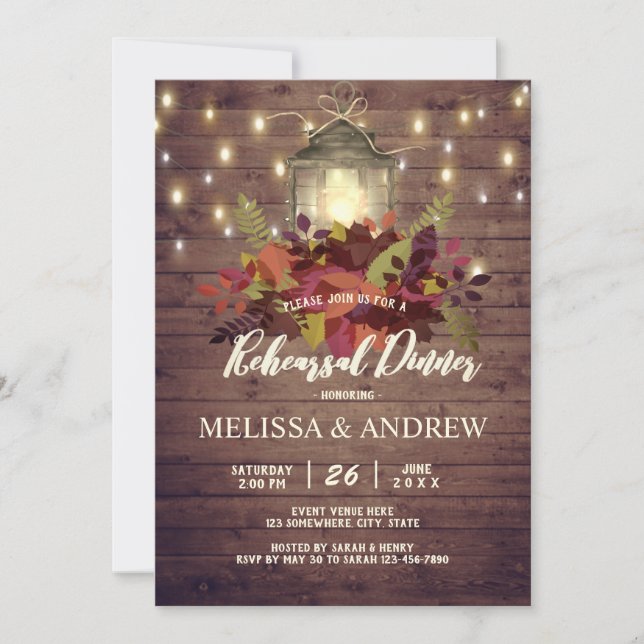 Invitation Rustic Automne laisse String Light Rehearer Dîner (Devant)